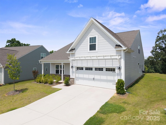 117 Carmine Ct, Troutman, NC 28166 - traditional-style home featuring concrete driveway, a front lawn, a garage, a pergola, and a shingled roof