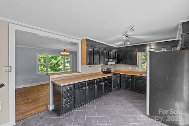 2000 Townsend Ave, Charlotte, NC 28205 - kitchen with stainless steel appliances, dark cabinets, light tile patterned floors, under cabinet range hood, and light countertops