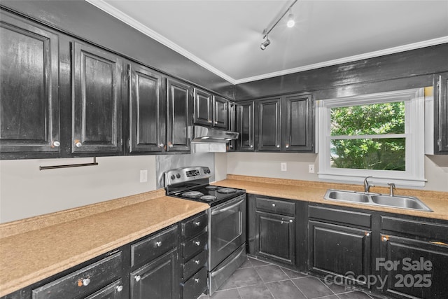 2000 Townsend Ave, Charlotte, NC 28205 - kitchen featuring stainless steel range with electric cooktop, dark cabinets, tile patterned floors, light countertops, and ornamental molding