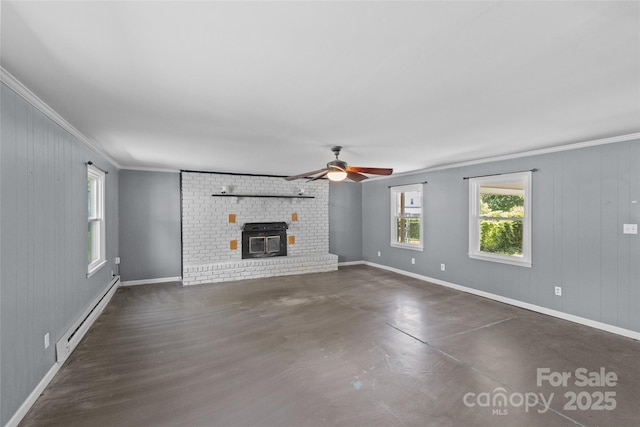 2000 Townsend Ave, Charlotte, NC 28205 - unfurnished living room featuring baseboard heating, crown molding, a ceiling fan, and finished concrete flooring