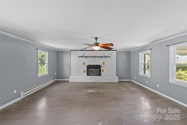 2000 Townsend Ave, Charlotte, NC 28205 - unfurnished living room featuring a baseboard radiator, ornamental molding, a ceiling fan, and concrete flooring