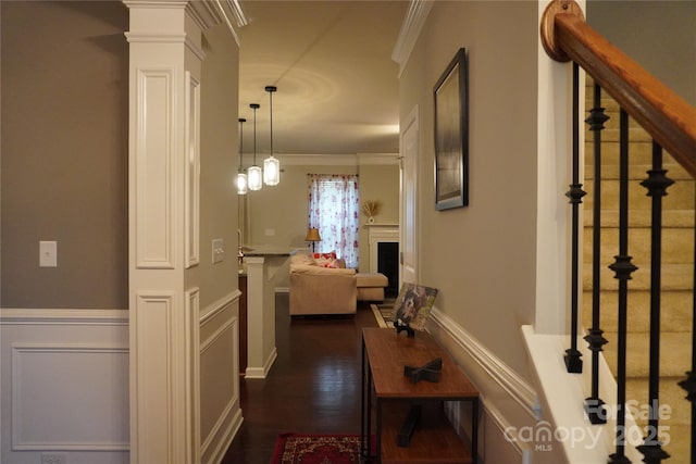 4003 Northerly Island Ct, Gastonia, NC 28056 - hallway with ornamental molding, dark wood-style floors, and wainscoting