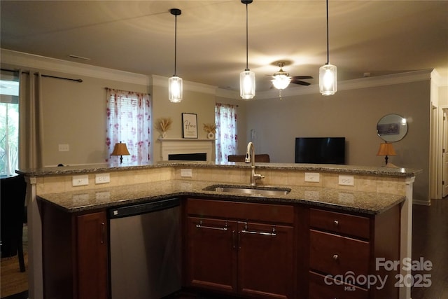 4003 Northerly Island Ct, Gastonia, NC 28056 - kitchen featuring dishwasher, open floor plan, crown molding, dark stone counters, and a fireplace