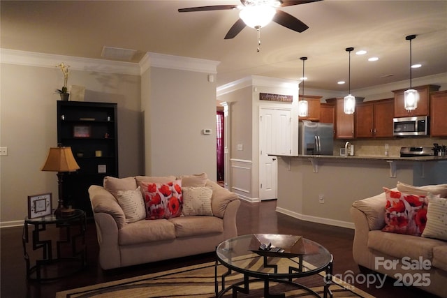 4003 Northerly Island Ct, Gastonia, NC 28056 - living room with a ceiling fan, crown molding, recessed lighting, and dark wood-style floors