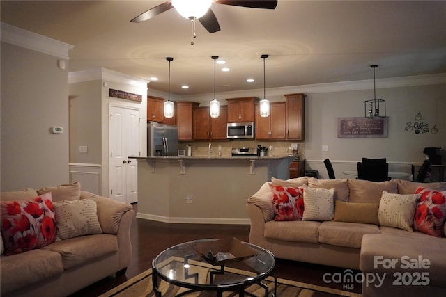 4003 Northerly Island Ct, Gastonia, NC 28056 - living room featuring ceiling fan, ornamental molding, recessed lighting, and dark wood-style floors