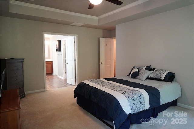 4003 Northerly Island Ct, Gastonia, NC 28056 - bedroom with light carpet, crown molding, a raised ceiling, a ceiling fan, and ensuite bath