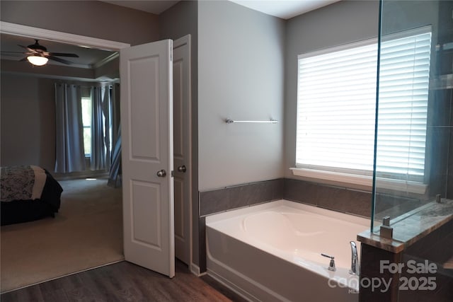 4003 Northerly Island Ct, Gastonia, NC 28056 - ensuite bathroom featuring plenty of natural light, a garden tub, ceiling fan, and wood finished floors