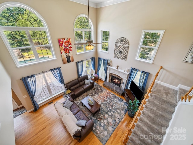 6523 Alba Rose Ln, Huntersville, NC 28078 - living area featuring a high ceiling, wood finished floors, a glass covered fireplace, ornamental molding, and ceiling fan