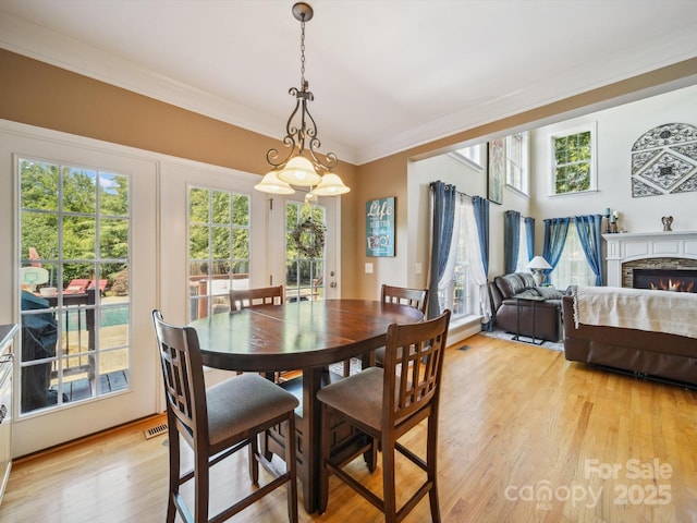 6523 Alba Rose Ln, Huntersville, NC 28078 - dining space featuring light wood-style floors, a stone fireplace, and ornamental molding