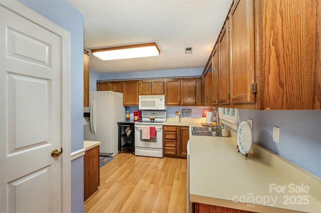 13416 Kintyre Ct, Matthews, NC 28105 - kitchen featuring white appliances, brown cabinets, light wood finished floors, light countertops, and a textured ceiling