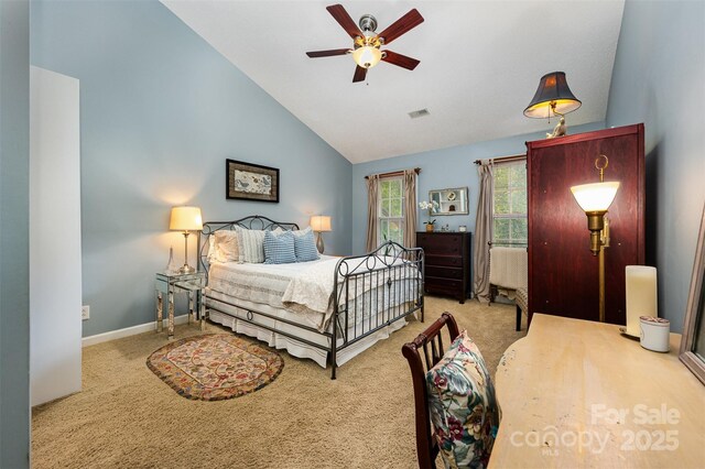 13416 Kintyre Ct, Matthews, NC 28105 - bedroom featuring carpet floors, high vaulted ceiling, and ceiling fan