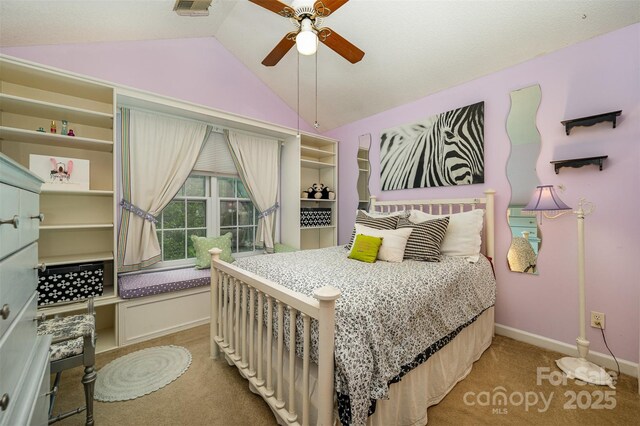 13416 Kintyre Ct, Matthews, NC 28105 - carpeted bedroom featuring vaulted ceiling and ceiling fan