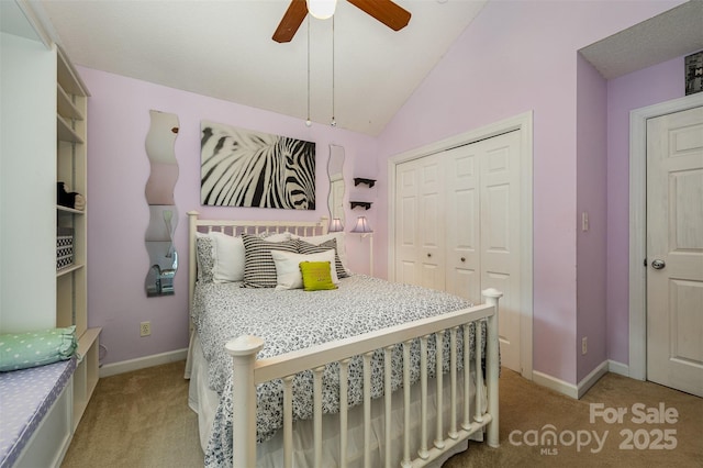 13416 Kintyre Ct, Matthews, NC 28105 - bedroom with carpet flooring, a closet, lofted ceiling, and a ceiling fan