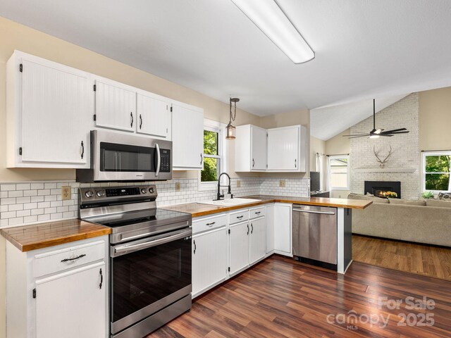 345 Bob Barnwell Rd, Fletcher, NC 28732 - kitchen featuring appliances with stainless steel finishes, butcher block counters, open floor plan, plenty of natural light, and vaulted ceiling