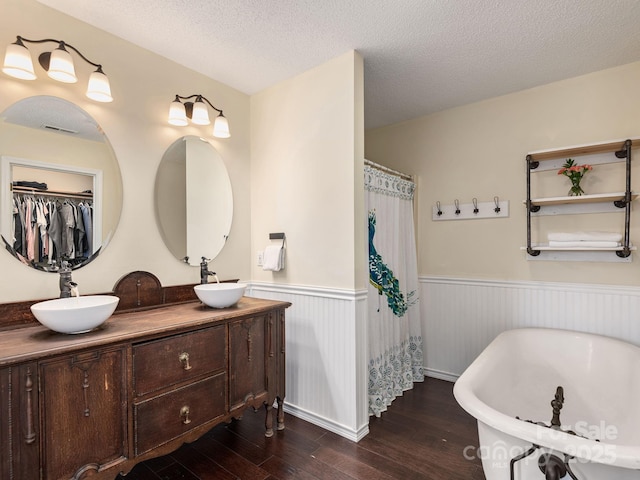 345 Bob Barnwell Rd, Fletcher, NC 28732 - full bath with wood finished floors, wainscoting, double vanity, a soaking tub, and a textured ceiling