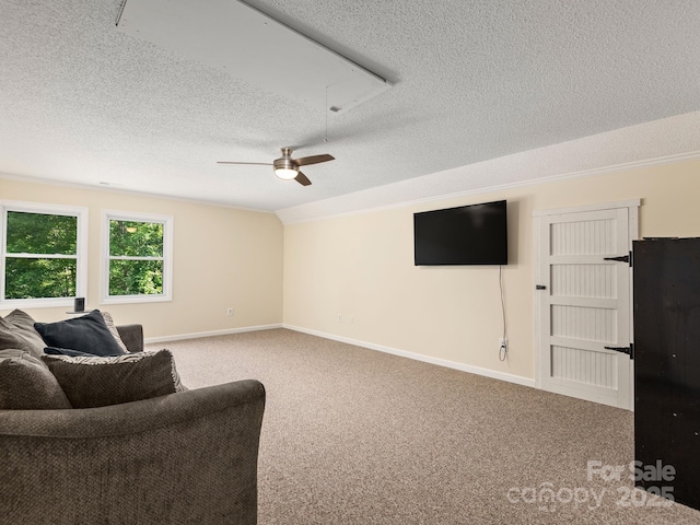345 Bob Barnwell Rd, Fletcher, NC 28732 - living area with a textured ceiling, carpet flooring, a ceiling fan, and attic access