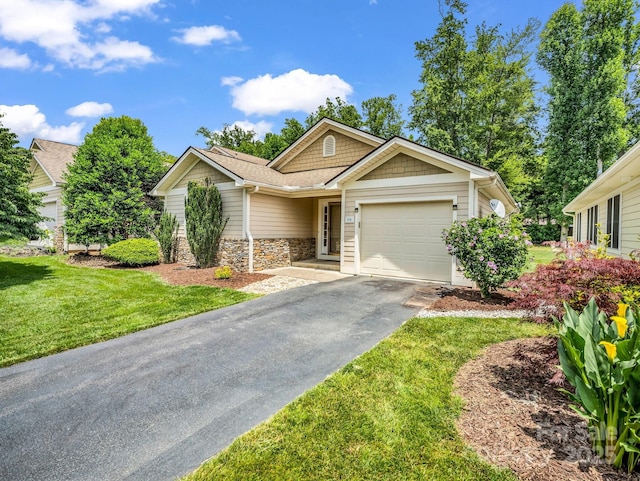 114 Fairway View Dr, Etowah, NC 28729 - ranch-style house featuring an attached garage, stone siding, driveway, and a front yard