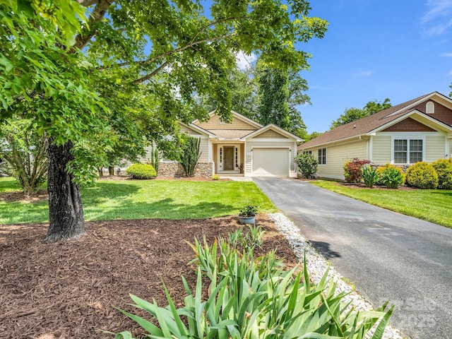 114 Fairway View Dr, Etowah, NC 28729 - view of front of property with asphalt driveway, an attached garage, a front lawn, and stone siding