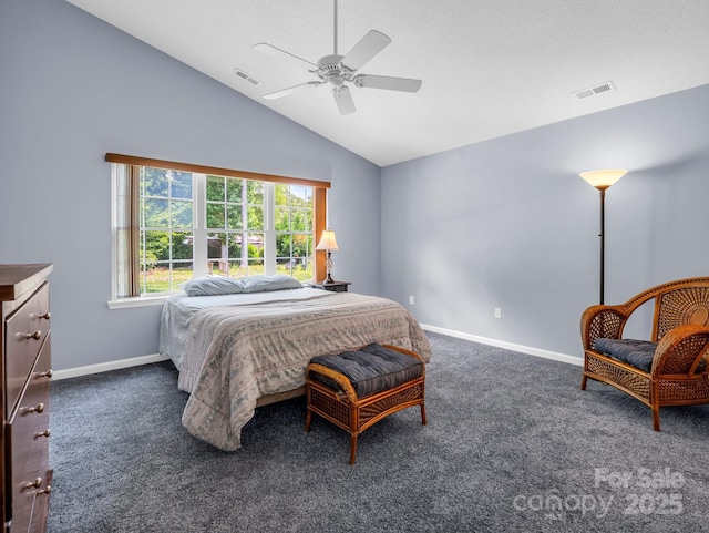 114 Fairway View Dr, Etowah, NC 28729 - bedroom featuring dark carpet, lofted ceiling, and ceiling fan