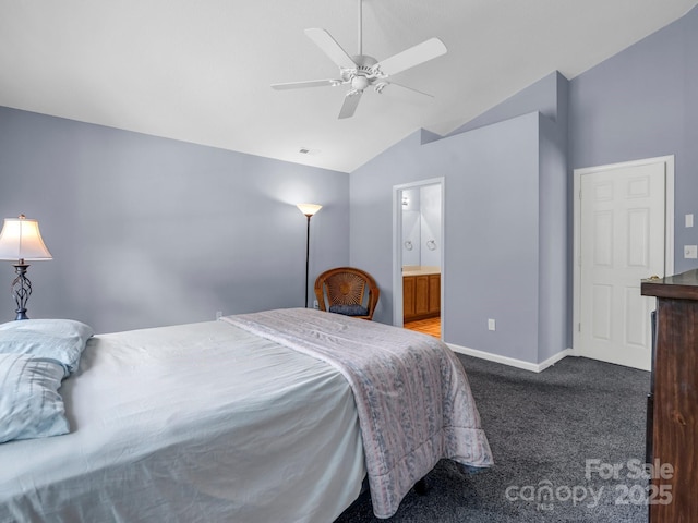 114 Fairway View Dr, Etowah, NC 28729 - bedroom with carpet flooring, lofted ceiling, a ceiling fan, and connected bathroom