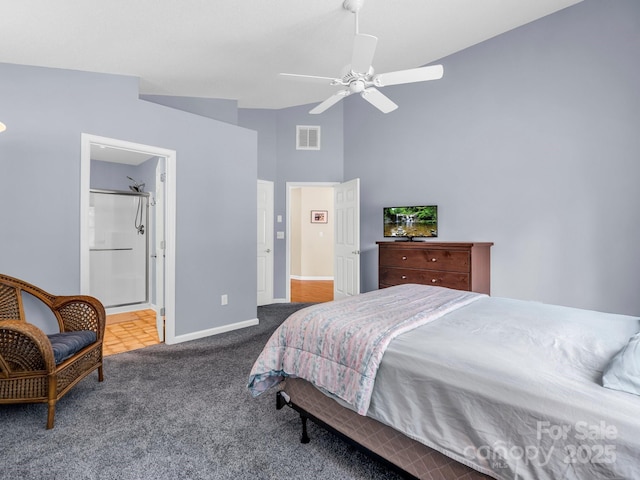 114 Fairway View Dr, Etowah, NC 28729 - carpeted bedroom featuring a ceiling fan, high vaulted ceiling, and ensuite bath