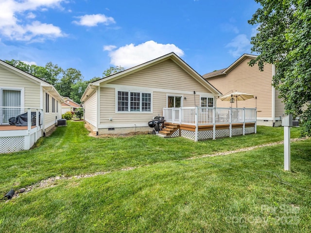 114 Fairway View Dr, Etowah, NC 28729 - back of property featuring crawl space, a wooden deck, and a lawn