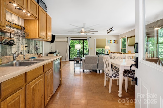 37 Poplar Dr, Rosman, NC 28772 - kitchen with dishwasher, ceiling fan, light countertops, crown molding, and open floor plan
