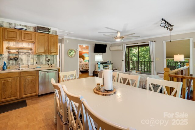 37 Poplar Dr, Rosman, NC 28772 - dining area featuring ornamental molding, ceiling fan, and a wall mounted AC