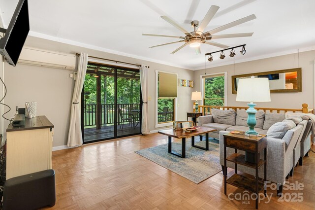 37 Poplar Dr, Rosman, NC 28772 - living area with track lighting, ceiling fan, and a wall mounted AC