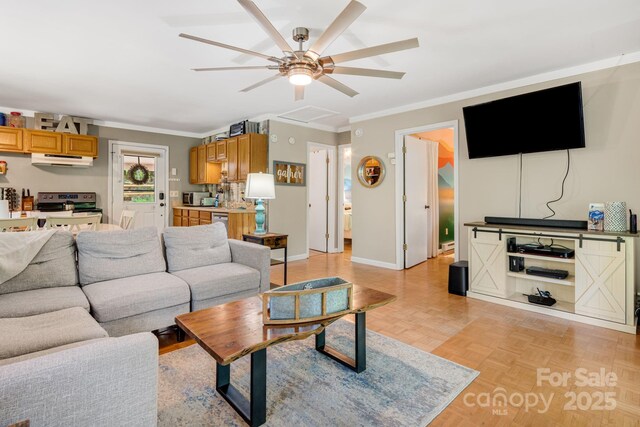 37 Poplar Dr, Rosman, NC 28772 - living area featuring ceiling fan and ornamental molding
