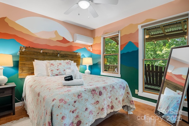 37 Poplar Dr, Rosman, NC 28772 - bedroom featuring a wall mounted AC and a ceiling fan