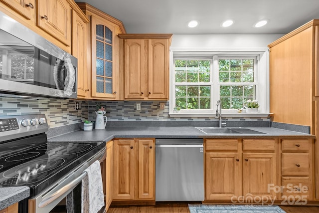 2 Enka Orchard St Unit 21A, Candler, NC 28715 - kitchen featuring stainless steel appliances, glass insert cabinets, dark countertops, backsplash, and wood finished floors