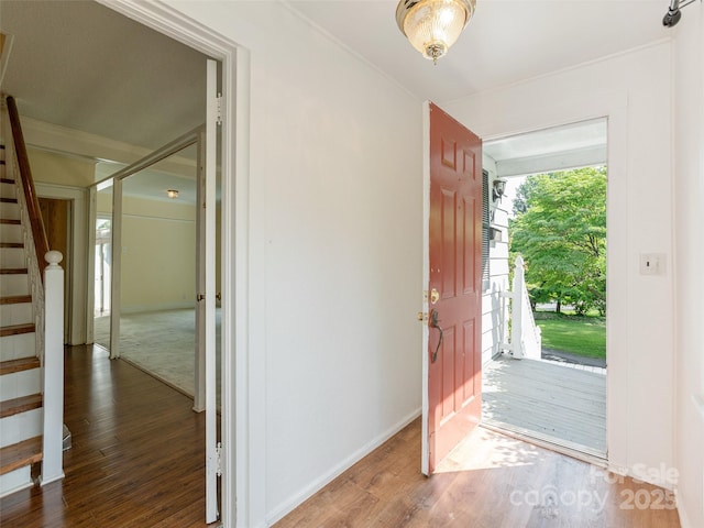 34 Lockhart Rd, Tryon, NC 28782 - foyer featuring stairway, wood finished floors, and crown molding