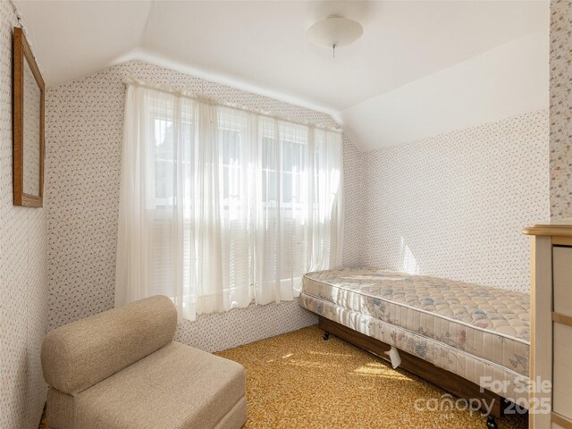 34 Lockhart Rd, Tryon, NC 28782 - carpeted bedroom featuring lofted ceiling and wallpapered walls