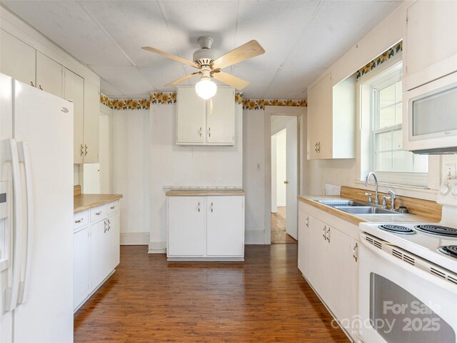 34 Lockhart Rd, Tryon, NC 28782 - kitchen featuring white appliances, a ceiling fan, dark wood finished floors, light countertops, and white cabinetry
