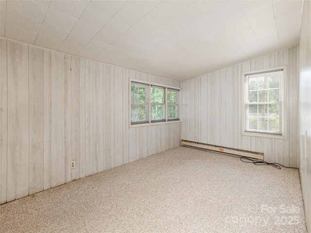 34 Lockhart Rd, Tryon, NC 28782 - empty room featuring a baseboard radiator, carpet flooring, and wood walls
