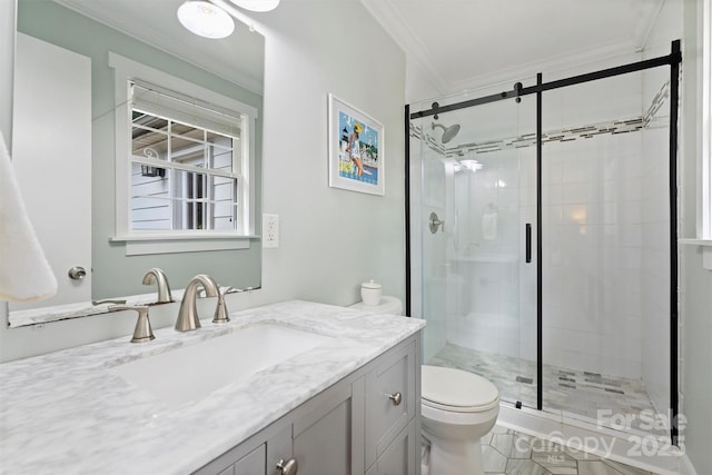 5211 Londonderry Rd, Charlotte, NC 28210 - bathroom featuring vanity, crown molding, and a shower stall
