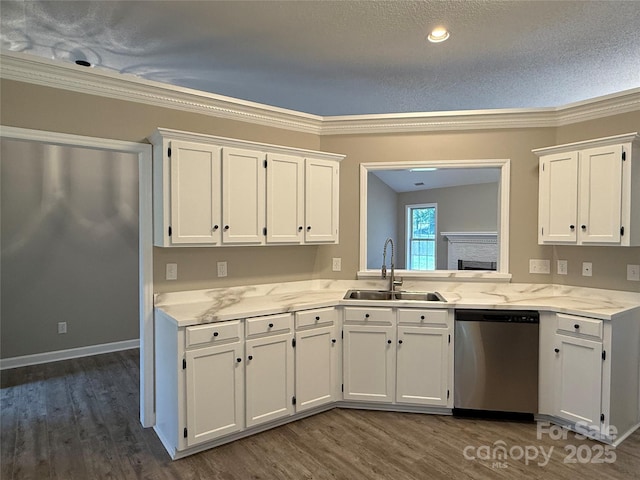 4402 Poxon Ln, Monroe, NC 28110 - kitchen featuring stainless steel dishwasher, white cabinets, crown molding, dark wood-style flooring, and a textured ceiling