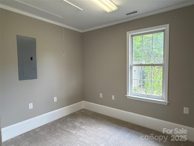 4402 Poxon Ln, Monroe, NC 28110 - spare room with electric panel, attic access, carpet floors, ornamental molding, and a textured ceiling