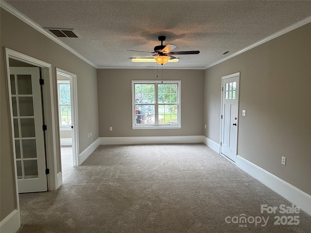 4402 Poxon Ln, Monroe, NC 28110 - carpeted spare room featuring crown molding, ceiling fan, and a textured ceiling