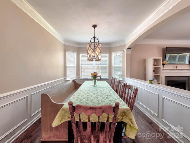 5797 Mcclintock Dr, Denver, NC 28037 - dining room with a chandelier, dark wood-type flooring, a wainscoted wall, ornamental molding, and arched walkways