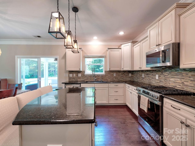 5797 Mcclintock Dr, Denver, NC 28037 - kitchen featuring stainless steel appliances, dark wood finished floors, crown molding, dark stone countertops, and decorative backsplash