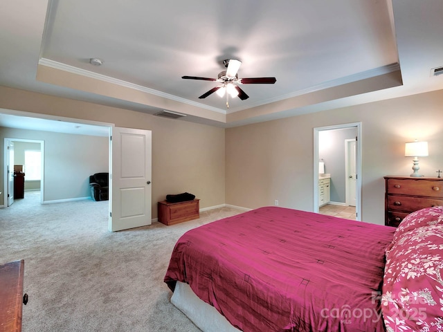 5797 Mcclintock Dr, Denver, NC 28037 - bedroom with a tray ceiling, crown molding, light carpet, ensuite bathroom, and a ceiling fan