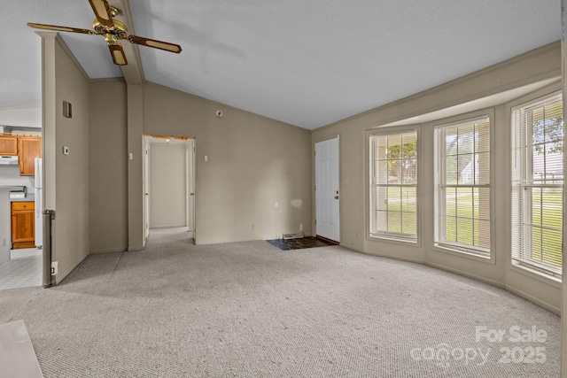 200 Southwood Park Rd, Mooresville, NC 28117 - unfurnished living room featuring vaulted ceiling, light carpet, and ceiling fan