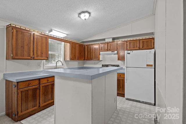 200 Southwood Park Rd, Mooresville, NC 28117 - kitchen featuring freestanding refrigerator, under cabinet range hood, vaulted ceiling, a textured ceiling, and light floors