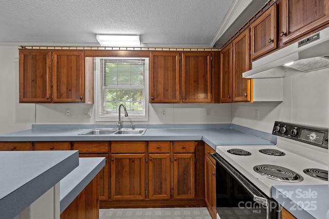 200 Southwood Park Rd, Mooresville, NC 28117 - kitchen featuring electric stove, under cabinet range hood, a textured ceiling, brown cabinets, and light countertops