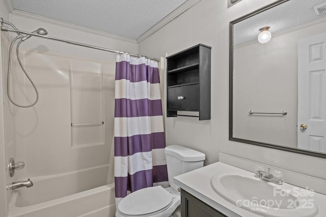 200 Southwood Park Rd, Mooresville, NC 28117 - full bath featuring a textured ceiling, ornamental molding, shower / bathtub combination with curtain, and vanity