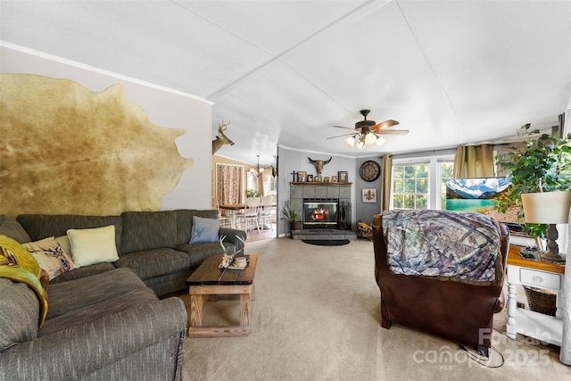 5425 Creek Run Ct, Kings Mountain, NC 28086 - carpeted living room featuring ceiling fan, crown molding, and a fireplace