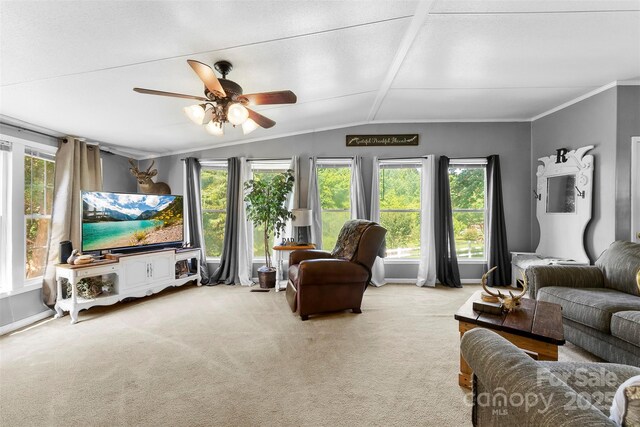 5425 Creek Run Ct, Kings Mountain, NC 28086 - carpeted living room with vaulted ceiling, ceiling fan, and ornamental molding