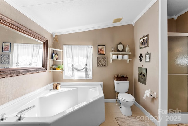 5425 Creek Run Ct, Kings Mountain, NC 28086 - full bathroom with crown molding, a garden tub, tile patterned flooring, and a shower with shower door